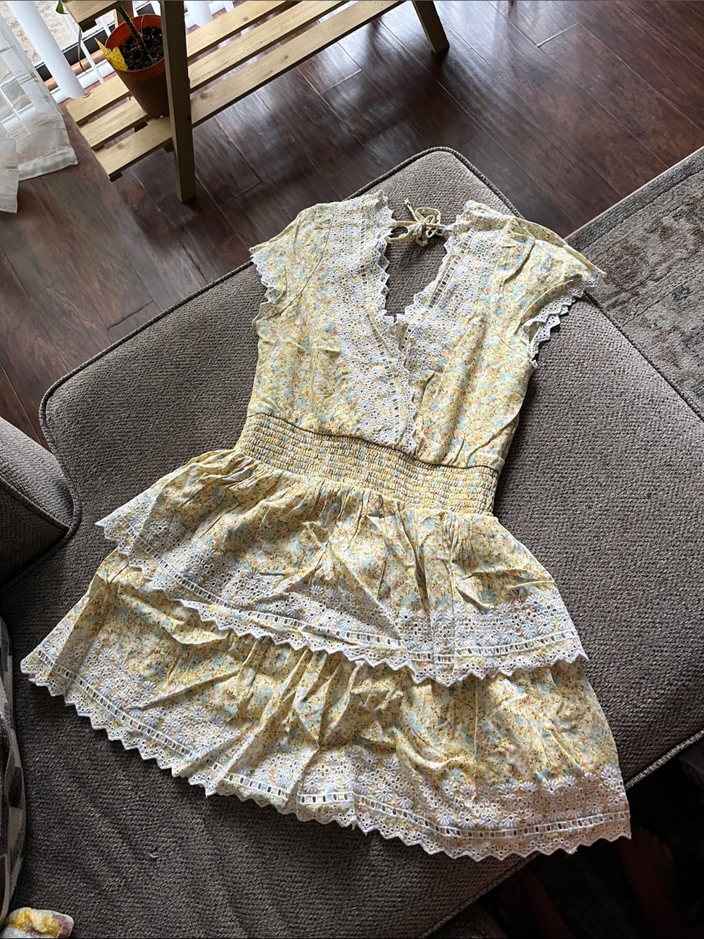 American Eagle Outfitters Yellow Floral Lace-Trim Tiered Mini Dress
